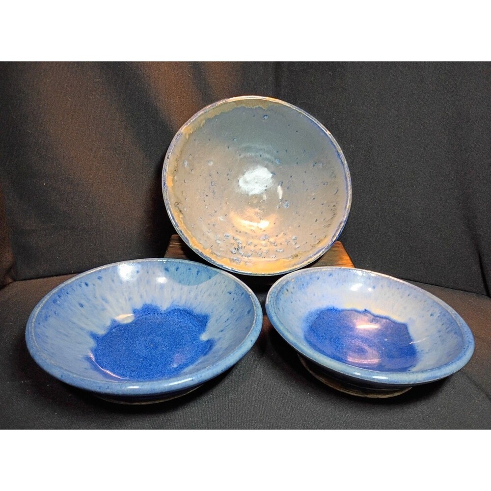 3 Signed Studio Art Pottery Bowls Blue Reactive Glaze Handmade Rustic Stoneware